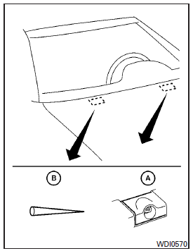 If you wax the surface of the hood, be careful not to let wax get into the windshield washer nozzle A . This may cause clogging or improper windshield washer operation. If wax gets into the nozzle, remove it with a needle or small pin B .