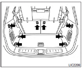 When securing items using luggage hooks located on the back of the seat or side finisher do not apply a load over more than 6.5 lbs (29 N) to a single hook.