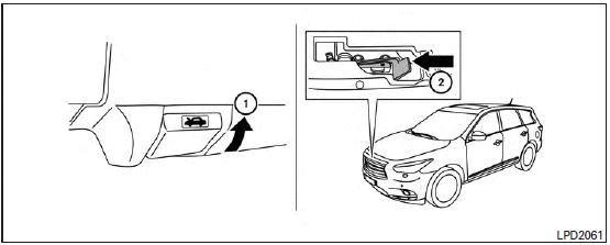 1 Pull the hood lock release handle located below the driver side instrument panel. The hood will spring up slightly.