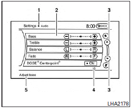 Vehicle functions are viewed on the center display screen in menus. Whenever a menu selection is made or menu item is highlighted, different areas on the screen provide you with important information. See the following for details.