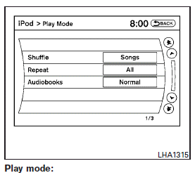 While the iPod is playing, touch the Menu key to display the iPod menu. Touch the Play Mode key to display the Play Mode screen and adjust the settings for Shuffle, Repeat and Audiobooks.