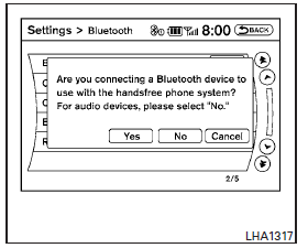 4. A screen will appear asking if you are connecting the device to use with the handsfree phone system. Select the No key.