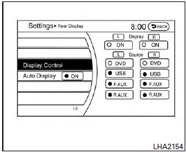 Select the Auto Display to set the rear displays to always power on when a movie is played from a DVD or USB device.