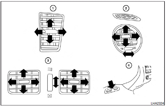 Adjust air flow direction for the drivers and passengers side vents 1 , center vents 2 , and rear vents 3 by moving the vent slide and/or vent assemblies.