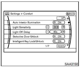 Select the Comfort key by using the INFINITI controller. The comfort option screen will be displayed.