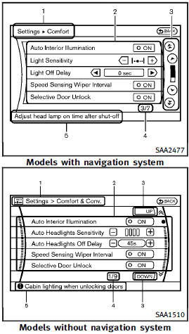 Vehicle functions are viewed on the display screen in menus. To select each key item, highlight the preferred item using the INFINITI controller and push the ENTER button.