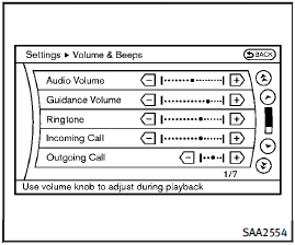 Volume and Beeps settings (models with navigation system)