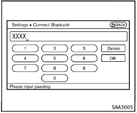 4. Choose a PIN code to use with the compatible Bluetooth audio device using the number input screen. The PIN code will need to be entered into the Bluetooth audio device after step 5. Select the OK key.