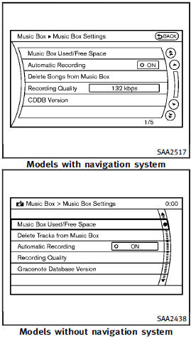 To set the Music box hard drive/flash memory to your preferred settings, select the Menu key during playback, and the Music Box Settings key with the INFINITI controller, and then push the ENTER button.