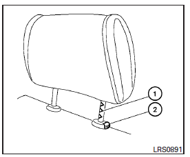 1. Align the head restraint stalks with the holes in the seat. Make sure the head restraint is facing the correct direction. The stalk with the adjustment notches 1 must be installed in the hole with the lock knob 2 .