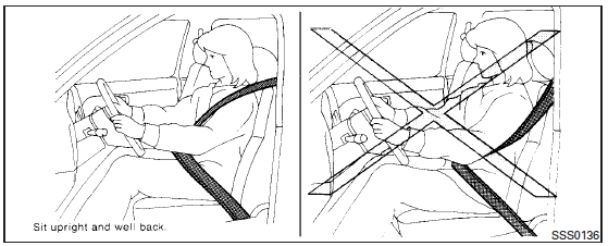 If you are wearing your seat belt properly adjusted and you are sitting upright and well back in your seat with both feet on the floor, your chances of being injured or killed in an accident and/or the severity of injury may be greatly reduced. INFINITI strongly encourages you and all of your passengers to buckle up every time you drive, even if your seating position includes a supplemental air bag.