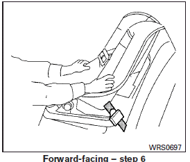 6. After attaching the child restraint, test it before you place the child in it. Push it from side to side while holding the child restraint near the LATCH attachment path. The child restraint should not move more than 1 inch (25 mm), from side to side. Try to tug it forward and check to see if the LATCH attachment holds the restraint in place. If the restraint is not secure, tighten the LATCH attachment as necessary, or put the restraint in another seat and test it again. You may need to try a different child restraint. Not all child restraints fit in all types of vehicles.