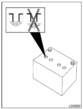 2. Check the fluid level in each cell. If it is necessary to add fluid, add only distilled water to bring the level up to the bottom of the filler opening. Do not overfill. Reinstall the vent caps.