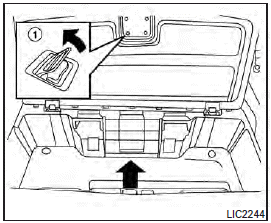 To access the floor storage area, push down 1 to raise the handle, then pull up on the handle to lift the luggage board.
