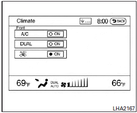 Climate control settings can be changed on the screen.