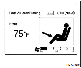 To control the rear automatic air conditioning system with the front air conditioner control panel, press the REAR button. When the rear automatic air conditioning system control is on, the indicator light on the REAR button will illuminate and the front display will switch to the rear air conditioner screen.