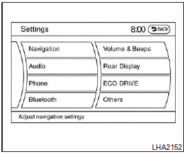 Press the SETTING button to display the Settings screen. You can select and/or adjust several functions, features and modes that are available for your vehicle. Use the INFINITI controller to select each item to be set.