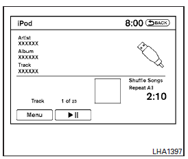 Place the ignition switch in the ACC or ON position. Press the DISCAUX button repeatedly to switch to the iPod mode.