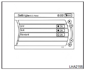To adjust the Eco pedal drivers assist, select the Standard, Soft or OFF key and adjust it with the INFINITI controller. For more information about the ECO DRIVE system, see ECO pedal system in the Starting and driving section.