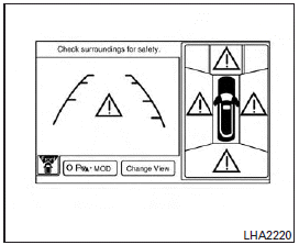 When the ! icon is displayed on the screen, there will be abnormal conditions in the around view monitor. This will not hinder normal driving operation but the system should be inspected by an INFINITI retailer.