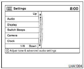 When the SETTING button is pressed, the Settings screen will appear on the display. You can select and/or adjust several functions, features and modes that are available for your vehicle. Use the INFINITI controller to select each item to be set.