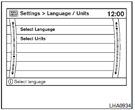 Use the INFINITI controller to select the “Language/Units” key. Select which