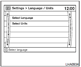 Use the INFINITI controller to select the Language/Units key. Select which