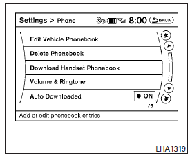 If your cellular phone supports automatic downloading, the system transfers the handset phonebook automatically by default. To ensure that this feature is activated, press the SETTING button on the instrument panel and select the “Phone” key. The “Auto Downloaded” selection should have the amber indicator next to the word ON activated. Select the “Auto Downloaded” key to toggle this feature on or off.