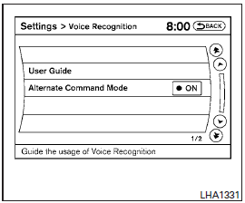 The available settings of the INFINITI Voice Recognition system are described.