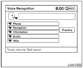 2. A list of commands appears on the screen, and the system announces, “Would you like to access Phone, Navigation, Information, Audio or Help?”