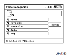 2. A list of commands appears on the screen, and the system announces, Would you like to access Phone, Navigation, Information, Audio or Help?