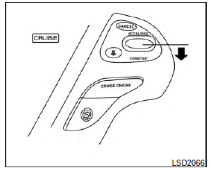 To set cruising speed, accelerate your vehicle to the desired speed, push the COAST/SET switch and release it. (The SET indicator will come on in the display.) Take your foot off the accelerator pedal. Your vehicle will maintain the set speed.