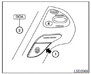 To turn on the DCA system, push the dynamic driver assistance switch 1 on the steering wheel after starting the engine. The Distance Control Assist (DCA) system switch indicator light 2 in the vehicle information display will illuminate.