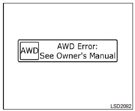 If the AWD error warning message is displayed, there may be a malfunction in the Intelligent AWD system. Reduce vehicle speed and have your vehicle checked by an INFINITI retailer as soon as possible.