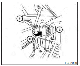 6. Insert the spare tire winch socket H to the lowering mechanism nut.
