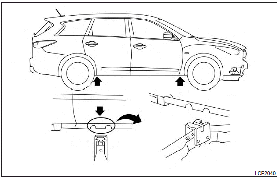 2. Place the jack directly under the jack-up point as illustrated so the top of the jack contacts the vehicle at the jack-up point. The jack-up points are indicated by stamped arrows on the side of the frame.