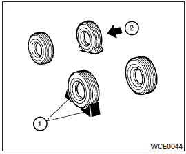 Place suitable blocks 1 at both the front and back of the wheel diagonally opposite the flat tire 2 to prevent the vehicle from moving when it is jacked up.