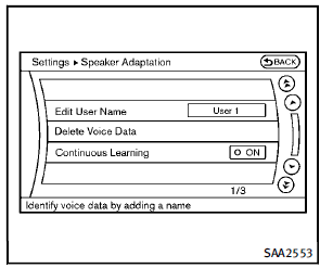 Speaker Adaptation function settings: