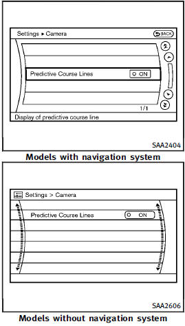 To turn ON or OFF the predictive course line display, push the SETTING button, select the Camera key and push the ENTER button.
