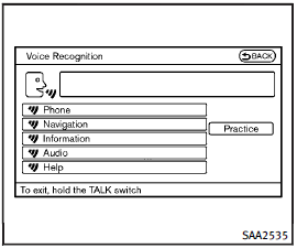 2. A list of commands appears on the screen, and the system announces, Would you like to access Phone, Navigation, Information, Audio or Help?.