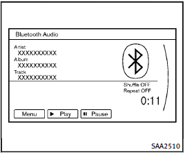 Push the ignition switch to the ACC or ON position. Then, push the DISC·AUX button repeatedly to switch to the Bluetooth® audio mode. If the system has been turned off while the Bluetooth® audio device was playing, pushing the ON·OFF/VOL control knob will start the Bluetooth® audio device.