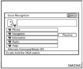 2. A list of commands appears on the screen, and the system announces, Please say a command.