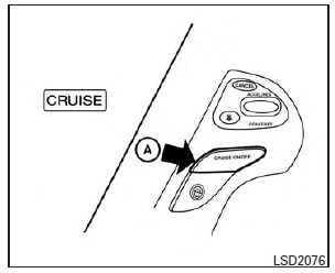 To turn on the conventional (fixed speed) cruise control mode, push and hold the CRUISE ON/OFF switch A for longer than about 1.5 seconds.